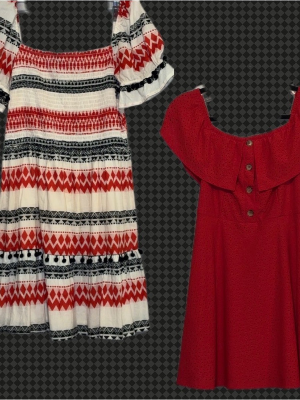 Red Off-Shoulder Dress with Patterned Tiered Dress -